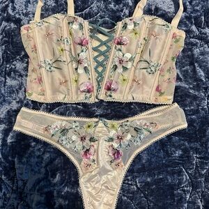 Victoria's Secret Cream Floral Embroidered Bustier & Thong Set